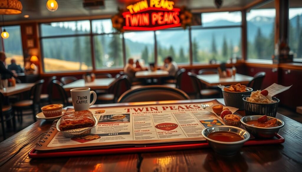 A beautifully arranged Twin Peaks menu displayed on a rustic wooden table, showcasing an assortment of dishes like cherry pie, coffee, and hearty diner fare. The foreground features a well-lit menu with vibrant colors, inviting textures, and side dishes elegantly placed. The middle ground includes a cozy diner ambiance with vintage decor; warm lighting casts a soft glow, enhancing the nostalgic feel. In the background, hints of a forest and mountainous landscape can be seen through large windows, giving a sense of the iconic Twin Peaks scenery. The overall atmosphere is warm, inviting, and slightly mysterious, evoking a sense of comfort and culinary exploration. The image should be captured with a shallow depth of field, highlighting the menu and food while softly blurring the background for emphasis.