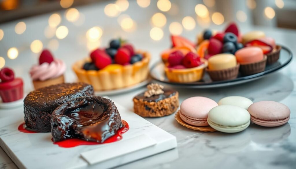 A beautifully arranged dessert table showcasing an array of exquisite sweet treats. In the foreground, a rich chocolate lava cake with a molten center sits elegantly, surrounded by delicate raspberry coulis. Next to it, a vibrant seasonal fruit tart features a golden crust topped with glossy berries and a light glaze. In the middle ground, there's a selection of artisanal macarons in pastel colors, perfectly arranged on an elegant platter. The background features softly blurred fairy lights, creating a warm, inviting atmosphere. The scene is illuminated by soft, diffused lighting, capturing the textures and details of the desserts. Shot at a slight angle using a 50mm lens to enhance depth and focus on the luscious textures, evoking a sense of indulgence and celebration.
