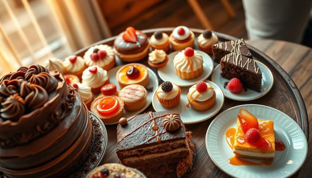 A beautifully arranged dessert tray overflowing with a variety of sweet treats. In the foreground, a multi-layered chocolate cake with rich frosting sits next to delicate pastries filled with cream, vibrant fruit tarts, and colorful macarons. The middle ground features a rustic wooden table adorned with elegant, pastel-colored plates showcasing bite-sized desserts, drizzled with caramel and raspberry sauces. The background is softly blurred, hinting at a cozy café atmosphere with warm golden lighting that creates an inviting ambiance. Capture the scene from an overhead angle to highlight the intricacies and textures of each dessert. The mood is celebratory and indulgent, perfect for a sweet finish, evoking a sense of joy and satisfaction.
