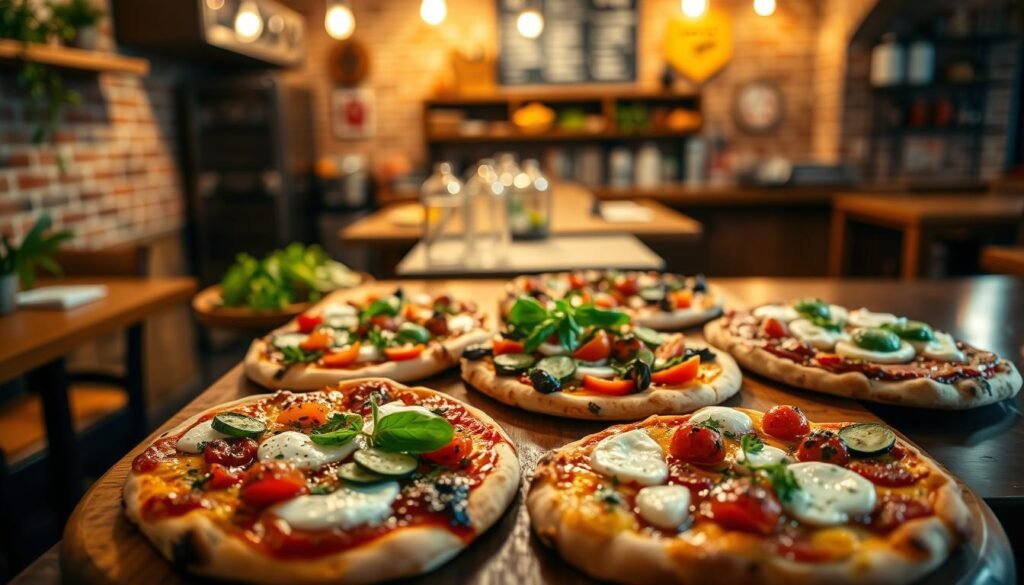 A beautifully arranged flatbreads and pizzas menu displayed as a wooden board in an inviting restaurant setting. The foreground features a variety of colorful flatbreads and pizzas topped with fresh ingredients like vibrant vegetables, herbs, and gourmet cheeses, all glistening with a light drizzle of olive oil. In the middle, the ambiance is warm and cozy, with soft lighting highlighting the dishes, creating an appetizing glow. The background showcases rustic brick walls and wooden tables, enhancing the inviting atmosphere of a kitchen. The scene is captured from a slight angle, using a shallow depth of field to focus on the mouth-watering food while blurring the background. The overall mood is casual yet refined, perfect for a dining experience that emphasizes fresh, handcrafted cuisine.