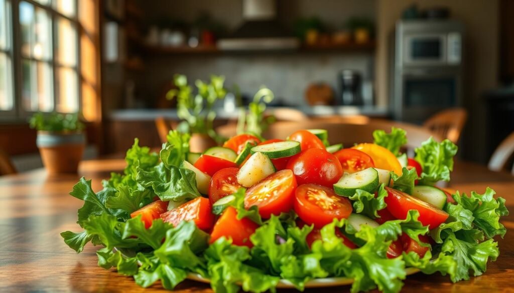 A beautifully arranged house salad sits prominently in the foreground, featuring vibrant green lettuce, plump red tomatoes, crunchy cucumbers, and colorful bell peppers, all tossed together. The salad is drizzled with a light vinaigrette, glistening under soft, diffused natural light that enhances the freshness of the ingredients. In the middle ground, a rustic wooden table complements the meal setting, with a few kitchen herbs in small pots and a subtle hint of a blurred interior kitchen to provide depth. In the background, a cozy atmosphere is created with warm, earthy tones and gentle shadows, suggesting a welcoming dining experience. The overall mood is fresh and inviting, emphasizing healthy eating and comfort. No text or logos are present in the image.