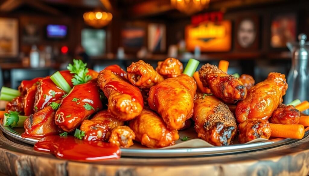 A beautifully arranged plate of crispy chicken wings in various styles, showcasing a variety of vibrant sauces and rubs. In the foreground, the wings are glistening with a rich buffalo sauce, honey BBQ glaze, and a spicy dry rub, each distinct in color and texture. Juicy garnishes like fresh herbs, celery sticks, and carrot sticks surround the wings. In the middle ground, a rustic wooden table adds warmth, while a faint reflection of a lively sports bar ambiance is visible in the background, with soft, warm lighting creating an inviting atmosphere. The angle is slightly elevated to capture all details, emphasizing the deliciousness of the wings while evoking a sense of excitement and appetite.