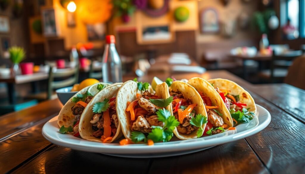 A beautifully arranged plate of vibrant, colorful tacos, showcasing a variety of fillings such as seasoned beef, grilled chicken, and fresh vegetables, accompanied by zesty sauces and garnished with bright cilantro and lime wedges. In the foreground, the plate is artistically centered on a rustic wooden table, with soft, natural lighting highlighting the textures of the ingredients. In the middle ground, a warm, inviting ambiance with subtle hints of traditional Mexican décor, such as colorful tableware and woven textiles can be seen. The background is softly blurred, featuring warm, cozy restaurant elements that evoke a welcoming atmosphere. The focus is on the tacos, creating an enticing visual that conveys bold flavors and a sense of comfort and community.