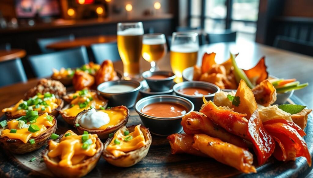 A beautifully arranged platter of appetizers inspired by Twin Peaks, featuring a diverse selection of colorful dishes. In the foreground, highlight crispy potato skins topped with melted cheese and green onions, succulent buffalo wings with a side of creamy ranch, and vibrant vegetable spring rolls with a sweet chili dip. In the middle, include a rustic wooden table adorned with small bowls of tangy dipping sauces and a chilled glass of craft beer. The background features a cozy, dimly lit restaurant ambiance, with warm, inviting lighting that casts gentle shadows, evoking a comfortable and relaxed social atmosphere. Capture this scene from a slightly elevated angle, enhancing the richness of colors and textures while keeping the focus on the appetizing spread, promoting a sense of indulgence and satisfaction.