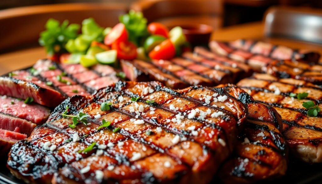A beautifully arranged platter of perfectly grilled steaks, showcasing various cuts like ribeye, filet mignon, and sirloin, glistening with a mouthwatering sear. In the foreground, the steaks are garnished with fresh herbs and a sprinkle of flaky sea salt, emphasizing their juicy flavors and textures. The middle ground includes vibrant sides, such as a fresh garden salad with cherry tomatoes, cucumbers, and a light vinaigrette dressing, enhancing the heartiness of the entrees. The background features a warm, rustic dining setting with wooden accents and soft, ambient lighting that evokes a cozy atmosphere. The image is captured with a shallow depth of field, highlighting the steaks while softly blurring the background, creating an inviting and appetizing scene.
