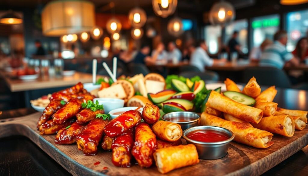 A beautifully arranged selection of appetizers for a happy hour setting, featuring a wooden platter overflowing with a variety of vibrant dishes. In the foreground, showcase crispy chicken wings glazed with a tangy sauce, golden-brown mozzarella sticks with a marinara dip, and colorful vegetable spring rolls served alongside a dipping sauce. In the middle ground, display a fresh cheese board with an assortment of cheeses, crackers, and fruits. The background includes softly lit bar tables with patrons enjoying their evening, the warm glow of pendant lights creating a cozy atmosphere. Capture the scene with a shallow depth of field to emphasize the appetizers in sharp detail, using soft, inviting lighting to enhance the inviting mood of a game-day celebration.