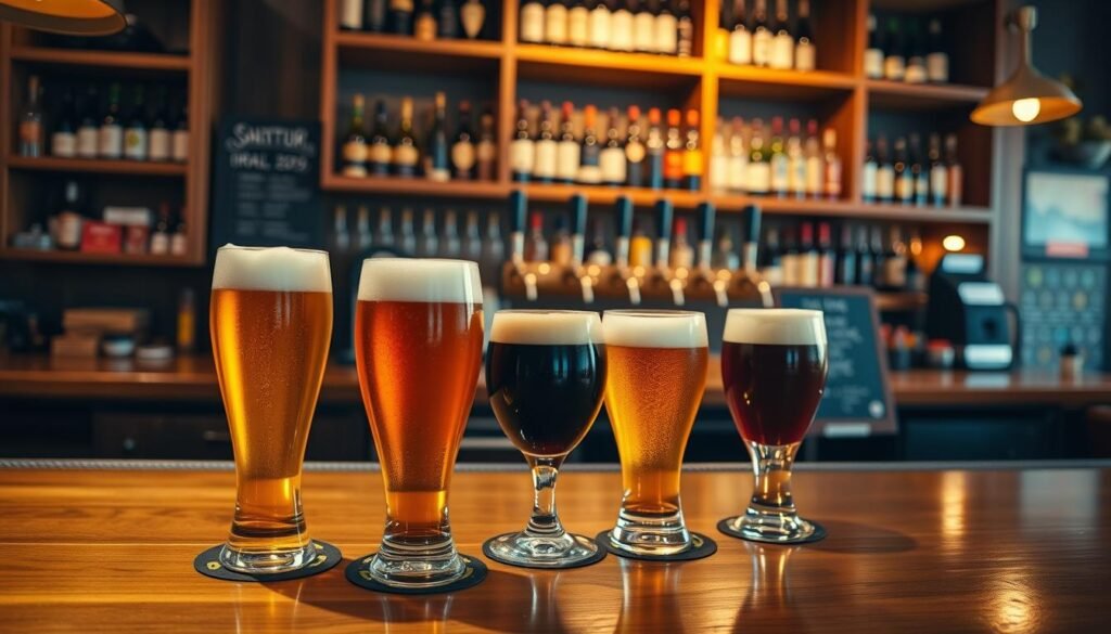 A beautifully arranged selection of draft beers in elegant glasses, showcasing a variety of golden, amber, and dark brews. In the foreground, the glasses shimmer under warm, ambient lighting that highlights the frothy tops. The middle ground features a polished wooden bar counter adorned with coasters, a small chalkboard listing specials, and a stylish beer tap setup. In the background, soft-focus shelves display wine bottles and liquor, creating a cozy atmosphere. The scene is captured from a slightly elevated angle, accentuating the inviting ambiance of a vibrant bar. The mood is relaxed and welcoming, perfect for a happy hour gathering with friends.