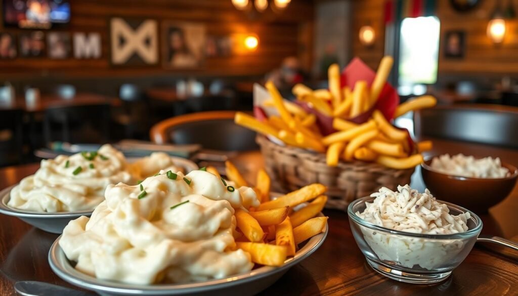 A beautifully arranged table featuring a selection of Twin Peaks side dishes, with a focus on creamy mashed potatoes topped with fresh chives, golden crispy fries served in a rustic basket, and classic coleslaw in a vibrant bowl. The foreground showcases the side dishes with appealing textures and colors. In the middle ground, a cozy wooden table adds warmth, adorned with a vibrant plaid tablecloth and gleaming silverware, set for a casual dining experience. In the background, softly blurred, the restaurant interior hints at a welcoming log cabin atmosphere, with warm lighting illuminating the space. The mood is inviting and homey, perfect for gathering with friends and family. Ensure the image remains pristine, with no text or distracting elements visible.
