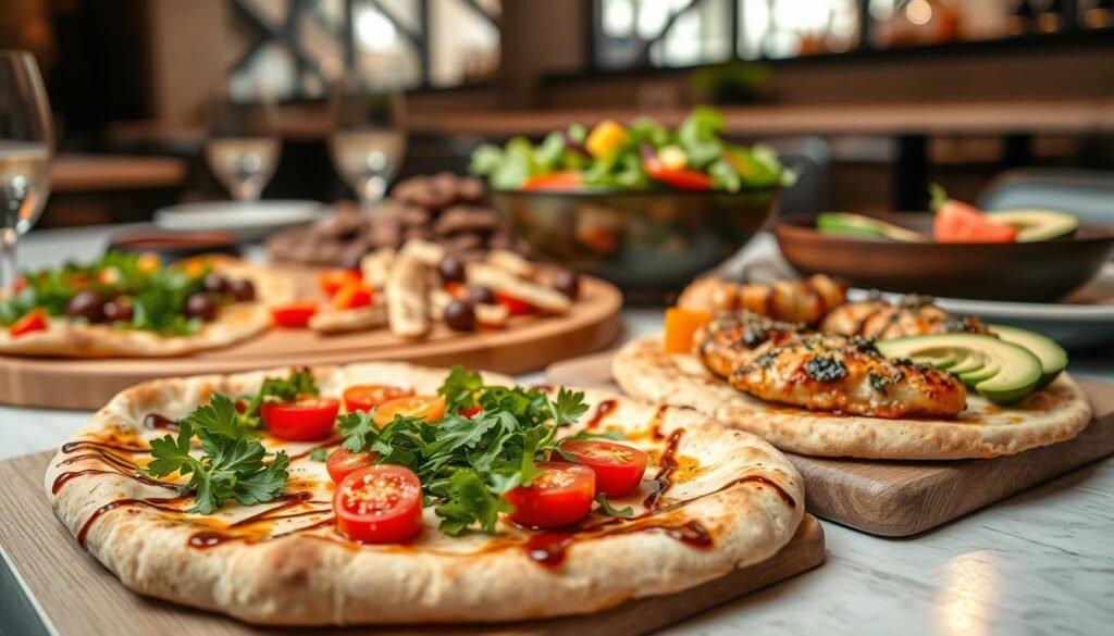 A beautifully arranged table showcasing a selection of flatbreads and hearty entrées, with fresh salads in a stylish dining setting. In the foreground, an artisanal flatbread topped with vibrant fresh ingredients like cherry tomatoes, arugula, and drizzled balsamic glaze. Beside it, a rustic wooden platter displays a variety of enticing entrées, such as a grilled chicken dish and a flavorful vegetarian option, garnished with herbs. The middle ground features a colorful salad bowl overflowing with greens, peppers, and avocado slices, adding freshness to the scene. Soft, warm lighting creates an inviting ambiance, highlighting the texture of the food. The background includes faint hints of a modern restaurant decor, adding context while keeping the focus on the delicious dishes. The angle is slightly elevated to capture the full spread, enhancing the overall appetizing atmosphere.