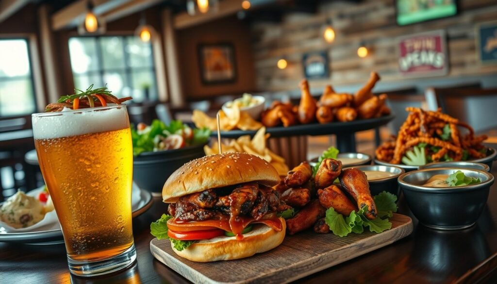 A beautifully arranged table showcasing a variety of appetizing dishes from Twin Peaks Restaurant, including mouth-watering burgers stacked high with fresh toppings, crispy chicken wings glistening with sauce, and vibrant salads brimming with colorful ingredients. In the foreground, a frosty pint of craft beer rests next to a gourmet burger, showcasing fine dining's fusion with casual sports bar elements. The middle ground features a rustic wooden table adorned with side plates of loaded nachos and hearty dips. In the background, soft, ambient lighting casts a warm glow over the restaurant's cozy, lodge-inspired interior, enhancing the inviting atmosphere. The scene captures the essence of enjoying elevated comfort food in a welcoming space, suitable for sports fans and food enthusiasts alike.