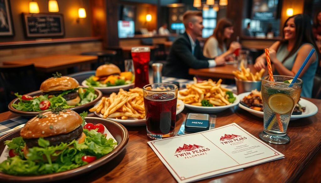 A beautifully arranged table showcasing a variety of dishes from the Twin Peaks Restaurant Florence Menu, with vibrant colors and enticing textures. In the foreground, a wooden table with a checkered tablecloth holds plates of juicy burgers, fresh salads, and crispy fries, garnished with herbs. In the middle ground, a glass of soda and a mocktail with a colorful straw sit beside an elegant menu card depicting the restaurant’s logo. The background features a warmly-lit dining area, with soft yellow lights illuminating the rustic decor and happy guests enjoying their meals in moderate business casual attire. The overall atmosphere conveys comfort and satisfaction, inviting viewers to experience the restaurant’s delightful offerings. The lighting is warm and inviting, capturing a cozy dining experience, shot from a slight overhead angle to encompass the entire table scene.