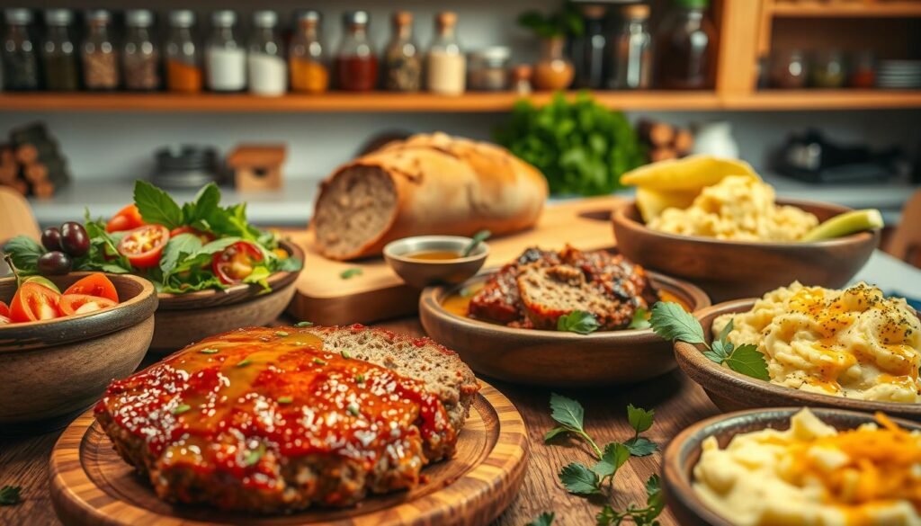 A beautifully arranged table showcasing an array of scratch-made dishes, featuring vibrant fresh ingredients. In the foreground, a golden-brown homemade meatloaf glistens under soft, inviting lighting, accompanied by a vibrant garden salad dressed with tangy vinaigrette, and creamy mashed potatoes each served in rustic, handcrafted bowls. In the middle ground, a wooden cutting board displays a freshly baked loaf of artisanal bread, alongside a small dish of herbs and olive oil, emphasizing the concept of quality, homemade food. The background subtly suggests a cozy, inviting kitchen atmosphere, with shelves lined with jars of spices and fresh produce. The scene is lit with warm, natural light to create a welcoming, homely ambiance, evoking a sense of wholesome, nourishing meals, perfect for health-conscious diners seeking delicious dietary options.