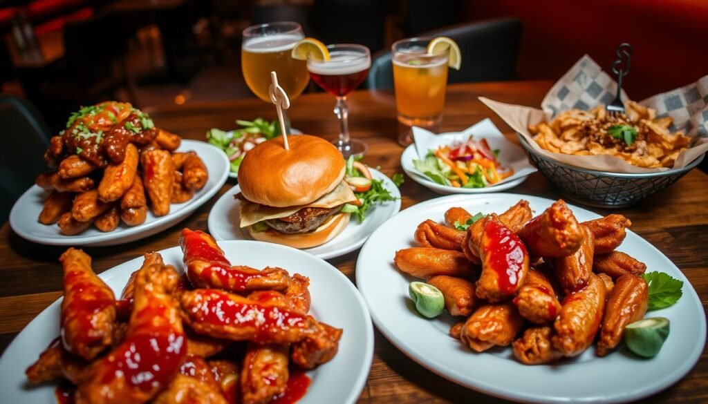 A beautifully arranged table showcasing must-try dishes from Twin Peaks West Palm Beach, featuring a variety of plates: crispy buffalo wings glistening with sauce, a towering cheeseburger loaded with toppings, vibrant fresh salads bursting with color, and a steaming bowl of loaded nachos. In the foreground, the focus is on the burger and wings, with a hint of the nachos visible. The middle layer includes a stylish drink, perhaps a craft beer or a colorful cocktail in an elegant glass. The background softly blurs but hints at a cozy and lively restaurant atmosphere, with warm lighting highlighting the inviting table setting. This scene is shot at a 45-degree angle from above, creating an engaging perspective that draws the viewer into the experience, evoking excitement and hunger for game-day crowd pleasers.