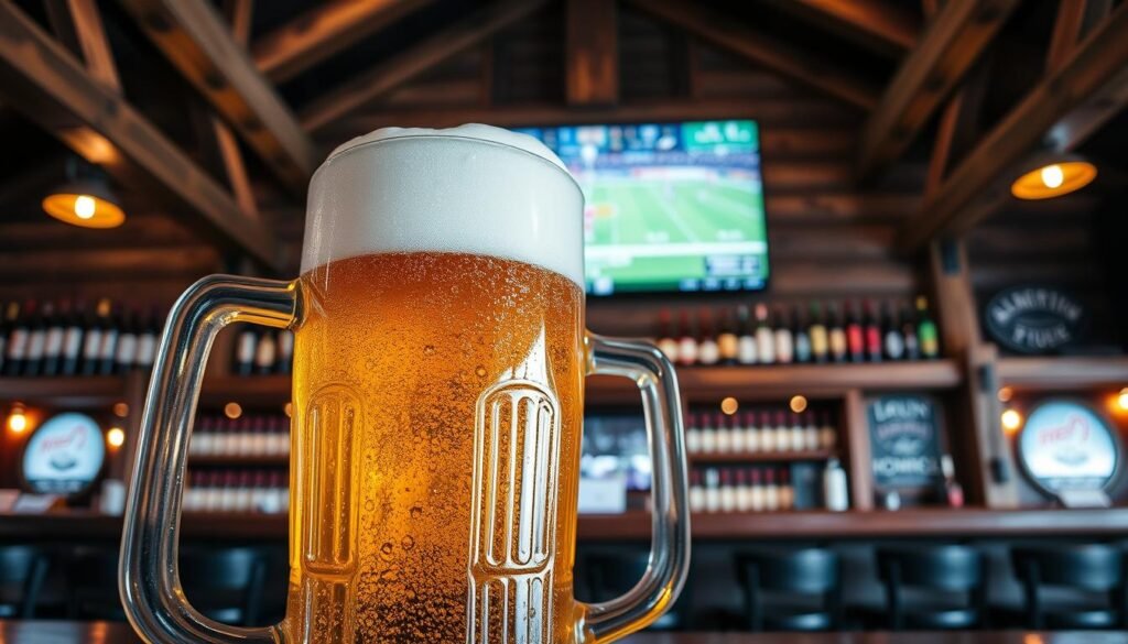 A beautifully crafted frosty beer mug filled to the brim with golden, bubbling lager, positioned prominently in the foreground. The beer has a thick, creamy white foam head, glistening with condensation. In the middle ground, a rustic lodge-style bar with wooden beams, featuring various bottles of craft beer displayed on shelves and a large flat-screen TV showing a game in the background. Soft warm lighting illuminates the scene, creating a cozy and lively atmosphere perfect for a sports bar. The angle is slightly elevated, capturing both the drink and the inviting ambiance of friends enjoying a game day together. The overall mood should reflect camaraderie and excitement, making it an ideal visual for happy hour deals.