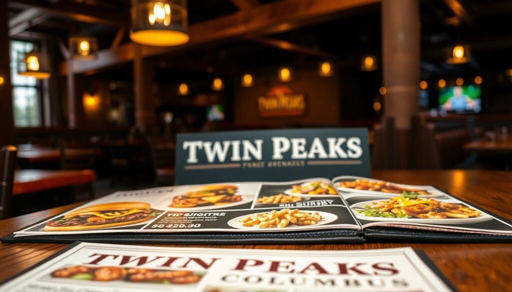 A beautifully designed "Twin Peaks Columbus Menu" laid out on a rustic wooden table. The foreground features a neatly arranged menu with vibrant images of signature dishes, including juicy burgers, crispy wings, and fresh salads, all beautifully plated. The middle layer captures the essence of the restaurant's ambiance with warm, dim lighting that highlights the menu’s details, creating a cozy atmosphere. In the background, hints of Twin Peaks’ interior, such as wooden beams and softly glowing pendant lights, subtly emerge. A shallow depth of field keeps the focus on the menu while allowing the background to provide context and warmth. The overall mood is inviting and friendly, perfect for showcasing the menu's highlights.