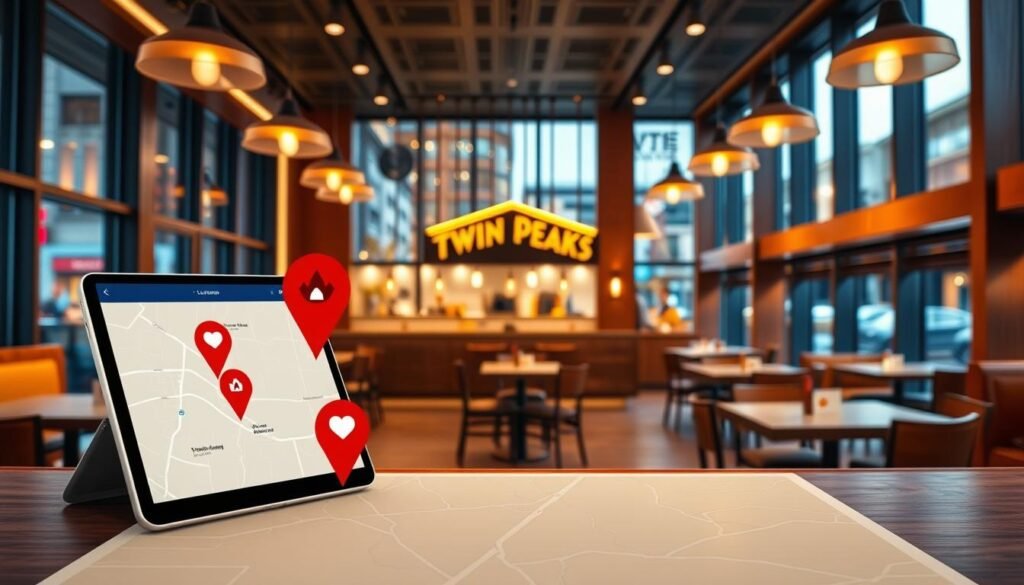 A beautifully illustrated location finder interface set against a sleek, modern Twin Peaks restaurant backdrop. In the foreground, a digital map with highlighted locations featuring the restaurant's signature logo, emanating a vibrant yet professional aura. The middle ground showcases a well-lit, inviting restaurant space with tasteful decor, including wooden accents and soft lighting. In the background, tall windows display a bustling street scene outside, hinting at a friendly atmosphere. The image is captured with a wide-angle lens that emphasizes the spacious layout, bathed in warm, ambient light to create a welcoming feel. The mood is friendly and professional, perfect for guiding potential guests to their desired locations.