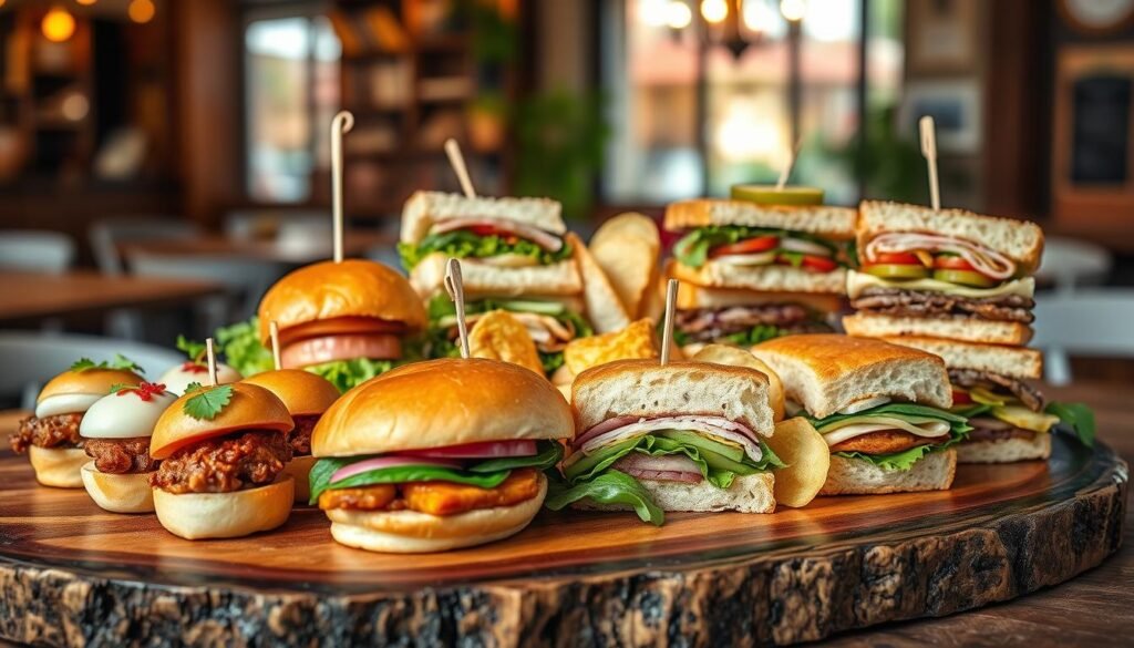A beautifully styled assortment of gourmet sandwiches and sliders artfully arranged on a rustic wooden platter. In the foreground, showcase a variety of sliders, such as mini burgers, pulled pork, and caprese bites, each adorned with vibrant garnishes. The middle ground features elegantly stacked sandwiches with fresh ingredients peeking through—turkey club, veggie delight, and classic BLT—intertwined with colorful side dishes like pickles and potato chips. In the background, a softly lit café setting with blurred cafe tables adds warmth and ambiance, enhancing the inviting atmosphere. The scene is captured from a slightly elevated angle, with natural, warm lighting highlighting the textures of the food. Aim for a cozy, enticing mood that beckons viewers to indulge in these crowd-pleasing combos.