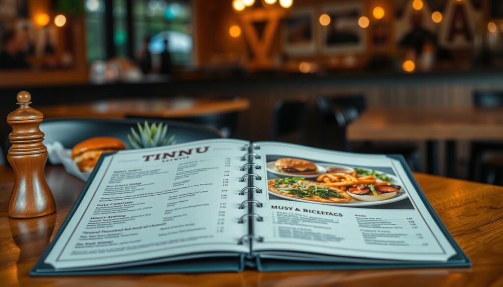 A beautifully styled restaurant menu set on a wooden table, capturing the essence of Twin Peaks Louisville. In the foreground, the menu is elegantly open, revealing various food items with prices listed, showcasing a mix of hearty dishes and beverages. Surrounding the menu are subtle details like a rustic wooden salt and pepper shaker, and a tiny succulent plant adding a touch of greenery. In the middle ground, gently blurred images of delicious food plates, like juicy burgers and crisp salads, to hint at the culinary offerings. The background features a softly lit, cozy restaurant ambiance with warm, inviting lighting that creates a relaxed mood. The image should be captured with a shallow depth of field to emphasize the menu while softly blurring the background, enhancing the inviting atmosphere of the dining experience.