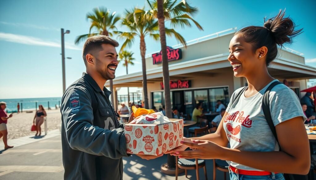 A bustling outdoor scene showcasing the vibrant atmosphere of Daytona Beach on an order delivery day. In the foreground, a friendly delivery person in a branded uniform is handing a beautifully packaged meal to a smiling customer, who appears excited to receive their food. In the middle ground, a lively outdoor dining area of Twin Peaks is visible, featuring tables occupied by patrons enjoying their meals, with scenic beach views and palm trees in the backdrop. The sky is bright blue with gentle sunlight illuminating the scene, casting soft shadows. The angle is a slightly elevated shot to capture the action and ambiance, evoking a sense of community, enjoyment, and the convenience of diverse dining options.