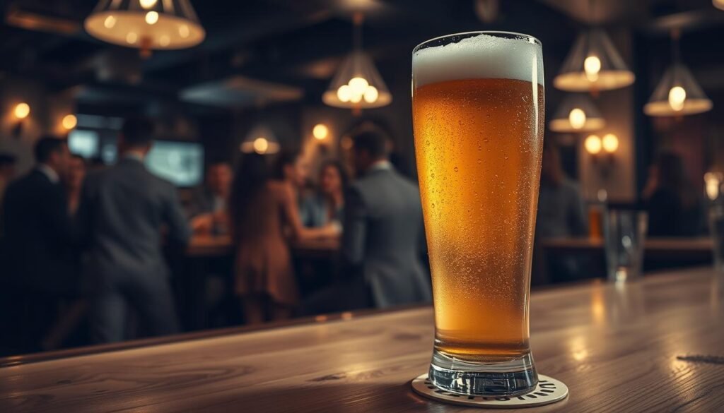 A close-up of a frosty draft beer served in a tall, elegant glass, glistening with condensation. The beer is a rich golden color with a thick frothy white head, showcasing the bubbles rising to the surface. In the foreground, a rustic wooden bar top, lightly polished, with a small decorative coaster beneath the glass. In the middle ground, blurred silhouettes of well-dressed patrons chatting and enjoying their drinks, emphasizing a lively atmosphere. The background features dim, warm lighting with soft glows from hanging pendant lights, creating an inviting pub environment. The scene is captured from a slightly elevated angle to highlight the draft beer and the social ambiance, evoking a sense of relaxation and enjoyment.