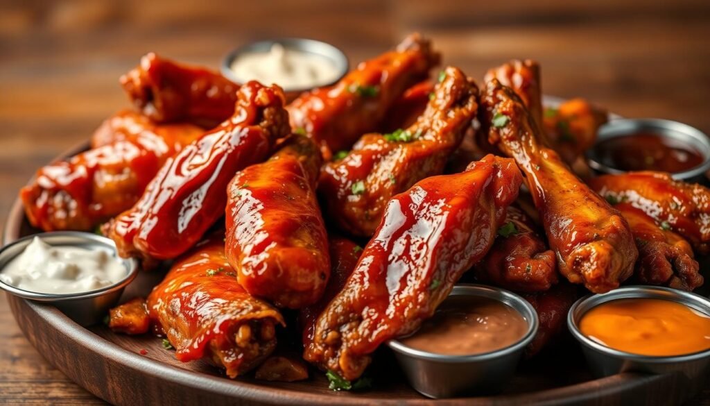 A close-up shot of a plate of perfectly cooked chicken wings displayed artistically. The wings are glazed in a glossy sauce, featuring a mix of vibrant colors, such as deep reds from spicy buffalo sauce, rich caramel from teriyaki, and vivid greens from a fresh herb rub. Surrounding the wings, a scattering of colorful dipping sauces in small bowls—blue cheese, ranch, and a spicy sriracha—adds a splash of contrast. The background is softly blurred to maintain focus on the wings, with warm, inviting lighting that enhances the appetizing textures and colors. The atmosphere should feel cozy and inviting, reminiscent of a casual dining experience, with a wooden table surface subtly enhancing the rustic, homely feel. The image should be devoid of any text or logos, allowing the food to take center stage.