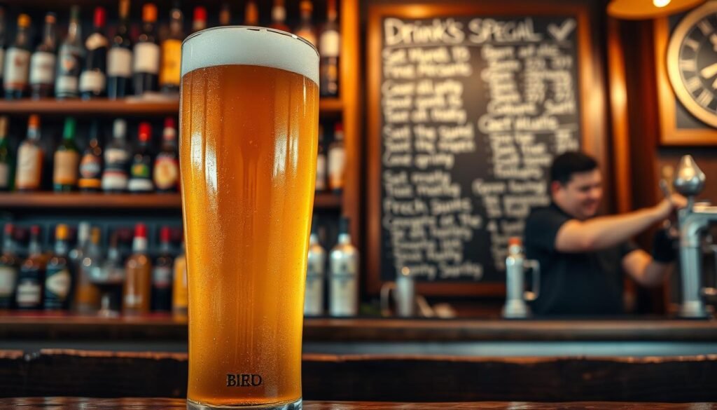 A close-up view of a freshly poured draft beer in a tall, frosty glass, set on a rustic wooden bar counter. The beer is golden amber with a thick, creamy head, glistening under warm bar lighting. In the background, softly blurred, are shelves lined with various bottles of spirits and a chalkboard menu featuring drink specials, capturing a lively bar atmosphere. An out-of-focus bartender can be seen preparing drinks, enhancing the ambiance of a bustling pub. The scene is warm and inviting, evoking a sense of camaraderie and enjoyment. The photo should be taken with a shallow depth of field to emphasize the beer in the foreground, creating a rich, textured feeling while maintaining a professional and polished look.