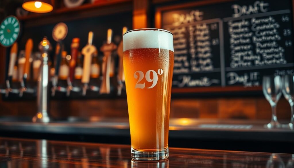 A close-up view of a frosty, perfectly poured 29° draft beer in a tall, elegant glass sitting on a polished wooden bar counter. The beer should be golden amber with a thick, creamy head, and condensation should be visible on the glass, emphasizing its ice-cold nature. In the background, softly blurred silhouettes of various beer taps and a chalkboard menu displaying draft styles can be seen. Warm, ambient lighting enhances the inviting atmosphere, while reflections from nearby glasses add depth. The scene conveys a lively yet relaxed vibe, perfect for beer enthusiasts enjoying a night out.