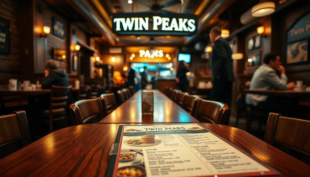 A cozy Twin Peaks restaurant interior, featuring wooden furniture and warm, inviting lighting that reflects a welcoming atmosphere. In the foreground, a close-up view of a wooden table adorned with a beautifully presented menu showcasing food items and prices, emphasizing the establishment's unique offerings. In the middle ground, attentive staff in professional business attire are interacting with customers, providing friendly service. The background reveals rustic decor and hints of a bustling restaurant environment, with patrons enjoying their meals. Soft, diffused lighting creates an intimate mood, capturing the essence of a charming dining experience. The perspective is slightly elevated, giving a comprehensive view of the inviting space.