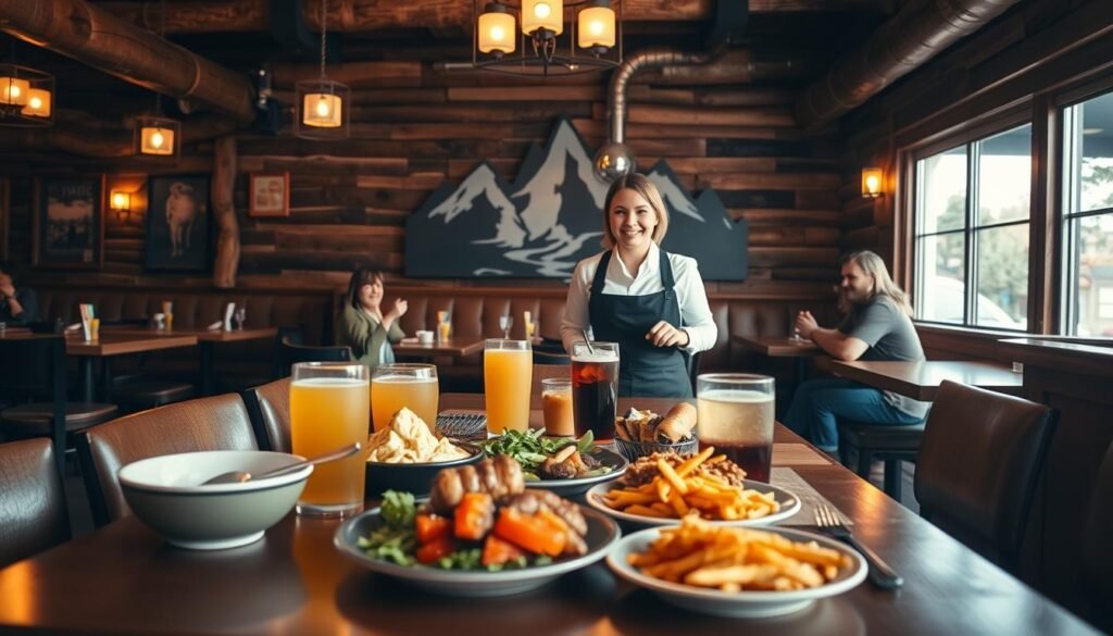 A cozy interior of a Twin Peaks restaurant, featuring rustic wooden decor, warm lighting, and inviting booths. In the foreground, a table with a vibrant spread of hearty dishes and refreshing beverages, capturing the essence of the restaurant's menu. The middle ground shows a friendly waitress in professional casual attire engaging with a couple of happy diners, conveying a welcoming atmosphere. In the background, the restaurant's signature mountain-themed artwork adds character to the setting. The lighting is soft and warm, creating an inviting mood, while a slight lens blur focuses attention on the table, suggesting the theme of dining experience and customer service. The overall vibe reflects a blend of excitement and comfort, ideal for prospective visitors.