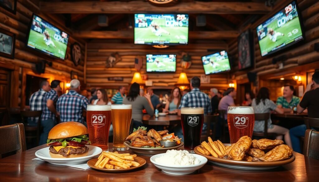 A cozy lodge setting featuring a lively sports bar atmosphere. In the foreground, a beautifully arranged table showcases scratch-made dishes, like juicy burgers and crispy wings, alongside chilled glasses of 29° draft beer. The middle ground displays various groups of patrons wearing casual yet neat attire, enjoying the games on multiple large TV screens mounted on rustic wooden walls adorned with sports memorabilia. The background captures a warm, inviting ambiance with soft lighting that highlights the wood beams of the ceiling and the rich textures of the lodge decor. The overall mood is vibrant and energetic, inviting viewers to immerse themselves in the excitement of game day surrounded by great food and friends.
