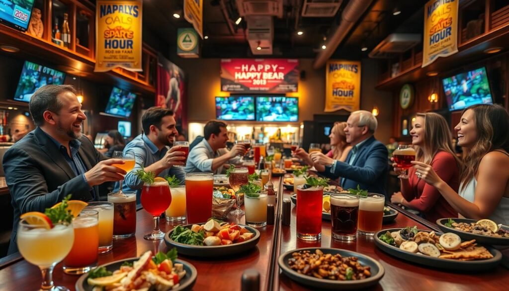 A cozy sports bar scene during happy hour, showcasing a lively atmosphere. In the foreground, a polished wooden bar filled with colorful cocktails and diverse appetizers, garnished with fresh herbs and fruits. A group of cheerful patrons—dressed in smart casual attire—are laughing and clinking glasses, creating a sense of camaraderie. In the middle ground, vibrant banners adorn the walls, highlighting daily deals, while televisions display exciting sports events. The background features warm, ambient lighting with soft spotlights, creating a welcoming glow. The perspective is slightly angled from the bar, capturing the energy of the gathering and the bustle of the bar staff. Overall, the mood is festive and inviting, perfect for unwinding after a long day.