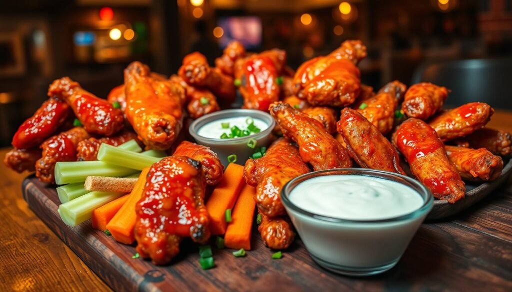 A delectable spread of crispy chicken wings, arranged artfully on a rustic wooden table. The wings are coated in a variety of vibrant sauces, including tangy buffalo, sweet honey garlic, and zesty lemon pepper, each glistening under warm, inviting light. In the foreground, a bowl of creamy ranch dip sits alongside fresh celery and carrot sticks for contrast. The middle of the scene features vibrant garnishes like chopped green onions and parsley, enhancing the appetizing look. The background showcases a dimly lit restaurant setting, with soft yellow lights creating a cozy atmosphere. The angle captures a slight top-down view, emphasizing the variety of sauces and textures of the wings, evoking a warm, inviting vibe perfect for an indulgent dining experience.