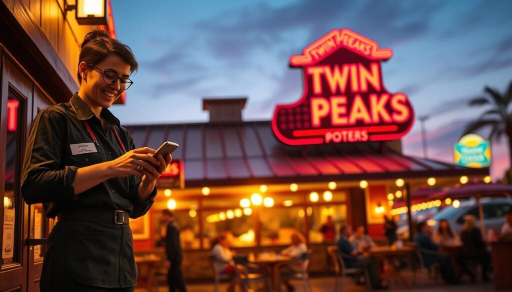 A detailed and inviting scene depicting the exterior of Twin Peaks, showcasing its iconic architectural elements. In the foreground, focus on a friendly staff member in professional attire, standing by the entrance and checking a smartphone for closing times. In the middle ground, illuminate the vibrant patio with patrons enjoying their meals under warm ambient lighting, reflecting a welcoming atmosphere. The background features soft sunset hues in the sky, with the restaurant's logo subtly visible, creating a pleasant evening vibe. Use a shallow depth of field to draw attention to the staff member while softly blurring the bustling activity around them. Capture the mood of anticipation and efficiency as customers inquire about closing hours, evoking a sense of community and warmth.