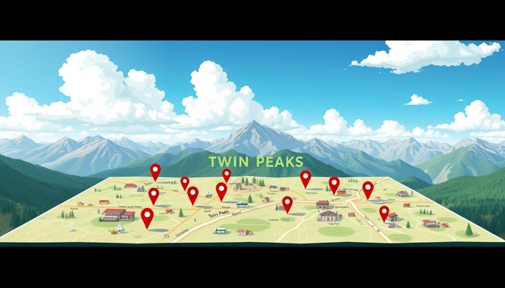 A detailed illustration of a "Twin Peaks locations map," showcasing various Twin Peaks Restaurant locations across a stylized landscape. In the foreground, highlight a detailed, hand-drawn map layout with marked locations, each represented by vibrant icons or symbols for each restaurant. In the middle, include visual elements like roads, landmarks, and local attractions that visually connect these locations. In the background, create a serene mountainous landscape reminiscent of natural peaks, under a bright azure sky with fluffy white clouds. Use soft, natural lighting to give an inviting and friendly mood. The angle should be slightly elevated, offering a clear view of the map while maintaining a sense of location context, emphasizing the essence of exploring nearby Twin Peaks restaurants. The image should be professional, engaging, and visually appealing without any text or overlay.