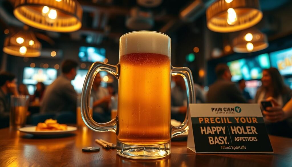 A focused shot of a perfectly frosted beer mug filled with golden lager, sitting on a wooden pub table. The beer, served at a refreshing 29°, exhibits condensation trickling down the side, catching the warm light from rustic overhead pendant lamps. In the background, blurred silhouettes of happy patrons enjoying drinks create a lively atmosphere, complementing the inviting ambiance of a bustling bar. The table features small appetizers and promotional happy hour specials subtly positioned nearby, enhancing the scene. Soft bokeh highlights the warm colors of the space, evoking a sense of relaxation and camaraderie. The composition is framed to emphasize the beer as the centerpiece, shot from a low angle to accentuate its appeal.