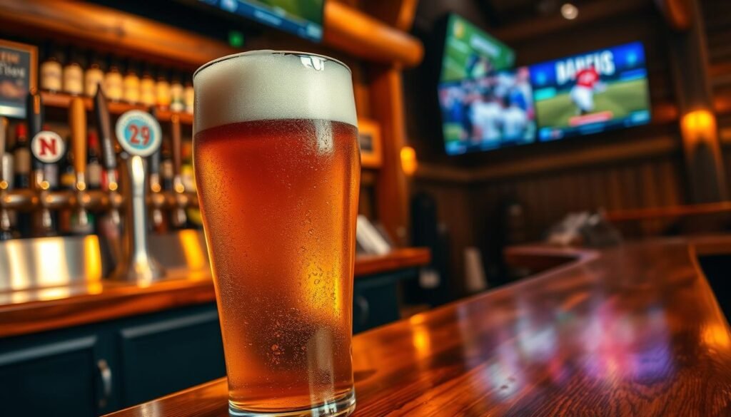 A frosty glass of draft beer, filled to the brim with a rich amber hue and a thick, creamy foamy head, sits prominently in the foreground. The glass shows condensation, reflecting the coldness of the 29° serving. In the middle ground, a rustic wooden bar top, polished and gleaming under warm, ambient lighting, showcases a selection of craft beer taps, each unique in design. Behind the bar, blurred, colorful bottles add depth and vibrancy, hinting at a lively lodge atmosphere. In the background, suggestive silhouettes of sports screens display energetic matches. The mood is inviting and energetic, capturing the essence of a bustling lodge experience. The image is shot with a soft focus to enhance the warm, welcoming ambiance, featuring natural lighting that enhances the gold and amber colors of the beer.