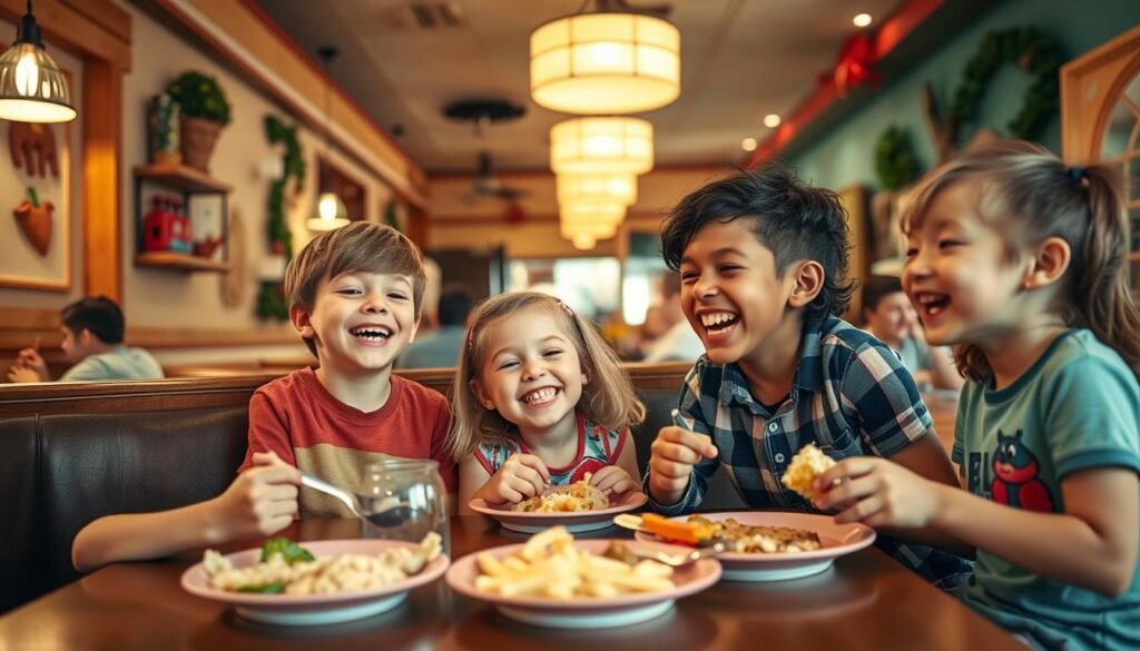 A group of cheerful kids, aged 5 to 10, enjoying their time at a family-friendly restaurant booth. The foreground features two boys and a girl, animatedly sharing their meals and laughing, dressed in casual, colorful clothing. The middle section captures a cozy restaurant interior with wooden furnishings, playful decor, and a warm atmosphere, softly illuminated by pendant lights. In the background, other families are dining, showcasing a welcoming environment. The angle is slightly high, giving a wide view of the lively scene, emphasizing the kids' joyful expressions and interactions. The overall mood is fun and lighthearted, perfect for illustrating an engaging dining experience for children.