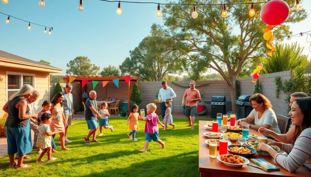 A lively family party scene set in a cozy backyard during the late afternoon. In the foreground, a diverse group of people, dressed in casual yet neat clothing, gather around a long wooden table filled with colorful dishes, platters of food, and drinks. In the middle, children play games on a lush green lawn, while adults engage in cheerful conversation, laughing and enjoying each other’s company. Bright string lights hang above, casting a warm glow over the scene. In the background, a colorful patio with decorative balloons and a barbecue grill enhances the festive atmosphere, while trees sway gently in the breeze under a clear blue sky. The overall mood is joyful and inviting, perfect for a family gathering.