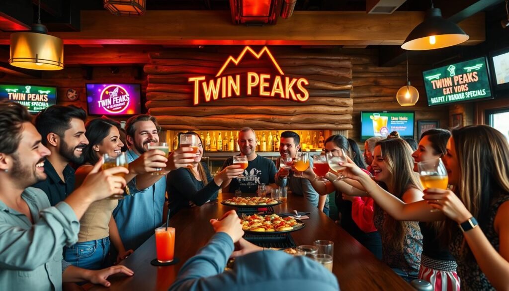 A lively happy hour scene at Twin Peaks, capturing the essence of camaraderie and celebration. In the foreground, a diverse group of friends, dressed in casual yet stylish clothing, raise their drinks in toast, laughing and enjoying each other's company. In the middle, a rustic wooden bar adorned with colorful cocktails and appetizers, illuminated by warm golden lighting that gives a cozy, inviting atmosphere. The background features the Twin Peaks logo subtly integrated into the decor, with vibrant neon signs showcasing drink specials, while soft, ambient lighting creates a relaxed vibe. Use a wide-angle lens perspective to capture the energy of the moment, emphasizing the joy and connection among patrons in a bustling setting.