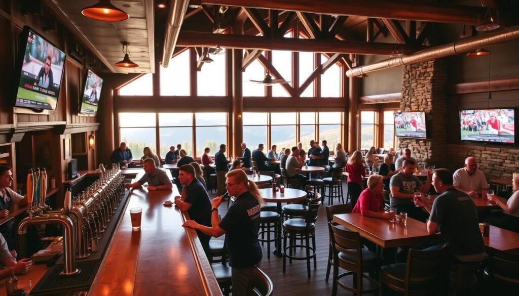 A lively sports lodge interior at Twin Peaks, showcasing a warm, rustic atmosphere. In the foreground, a beautifully crafted wood bar, polished to shine, is adorned with an array of craft beers on tap. Friendly staff in modest casual attire serve drinks to patrons at high-top tables. In the middle, groups of guests are engaged in spirited conversation while watching multiple large flat-screen TVs displaying various sporting events. The rich, warm lighting casts a cozy glow, enhancing the wooden beams and stone accents of the lodge. In the background, big windows reveal a scenic mountain view during the late afternoon, with natural light streaming in. The overall mood is inviting and energetic, capturing the essence of a vibrant sports lodge experience.