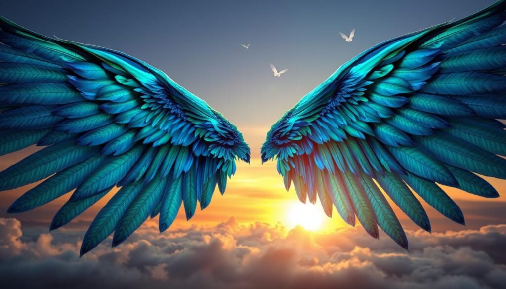 A majestic pair of wings spreads across the canvas, capturing intricate details of feathers in a mix of deep blues and vibrant greens, showcasing iridescent highlights. In the foreground, the wings are prominently displayed, each feather meticulously rendered to highlight the delicate structure and textures. In the middle ground, ethereal wisps of cloud gently swirl around, offering a sense of floating and lightness. The background features a soft sunset sky, with golden hues blending into twilight, creating a warm glow around the wings. The overall atmosphere is serene and uplifting, evoking feelings of freedom and adventure. The lighting is soft and diffused, simulating an enchanting, dreamlike quality that enhances the beauty of the wings. The image maintains a professional composure, void of any text or overlays.