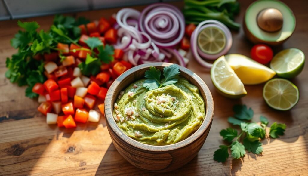 A mouthwatering avocado smash served in a rustic wooden bowl, showcasing a creamy green texture adorned with a sprinkle of pink Himalayan salt and fresh cilantro leaves. In the background, a vibrant spread of colorful ingredients like diced tomatoes, onion, and lime slices adds depth and visual appeal. The scene is well-lit with natural sunlight streaming in, casting soft shadows that enhance the freshness of the ingredients. The image is taken from a top-down angle, emphasizing the avocado smash as the focal point, while maintaining a warm, inviting atmosphere. A wooden countertop completes the setting, evoking a homey, artisanal vibe perfect for illustrating rich flavors and fresh ingredients.