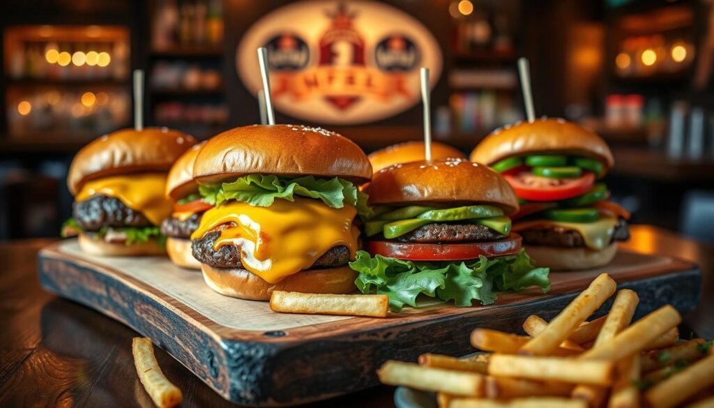 A mouthwatering display of gourmet burgers served on a rustic wooden platter, featuring multiple styles: a classic cheeseburger with melty cheese oozing from the juicy patty, a spicy jalapeño burger topped with crisp lettuce, and a vegetarian option loaded with fresh avocado and tomato. In the foreground, a side of crispy golden fries garnished with herbs. The background features a cozy, dimly-lit bar setting with warm ambient lighting, enhancing the inviting atmosphere. Shot from a slightly elevated angle to capture the juicy details of the burgers along with the overall setting, creating a vibrant, game day vibe that emphasizes indulgence and camaraderie.