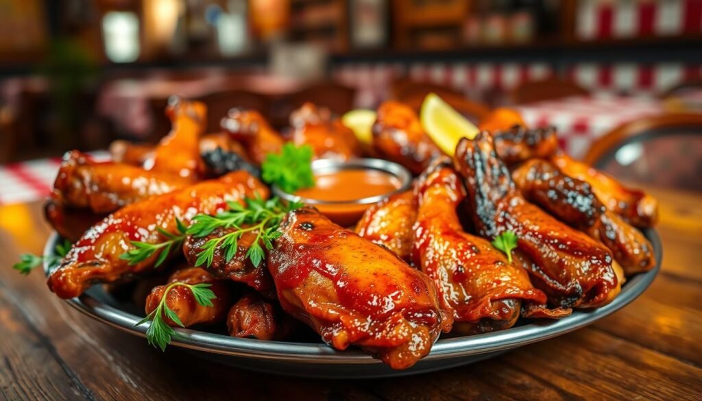 A mouthwatering plate of smoked grilled chicken wings, both bone-in and boneless, artistically arranged on a rustic wooden table. The wings are glazed with a rich, smoky barbecue sauce, glistening under warm, inviting lighting that highlights their crispy texture. In the foreground, a few wings are artistically placed against a backdrop of fresh herbs and spices, enhancing the flavor theme. In the middle ground, a small bowl of tangy dipping sauce completes the culinary scene. The background features a cozy diner setting, with checkered tablecloths and softly blurred diner décor, creating an inviting atmosphere. The shot is taken at a slight angle to capture the depth of the plate and the warmth of the setting, evoking a sense of comfort and homeliness.