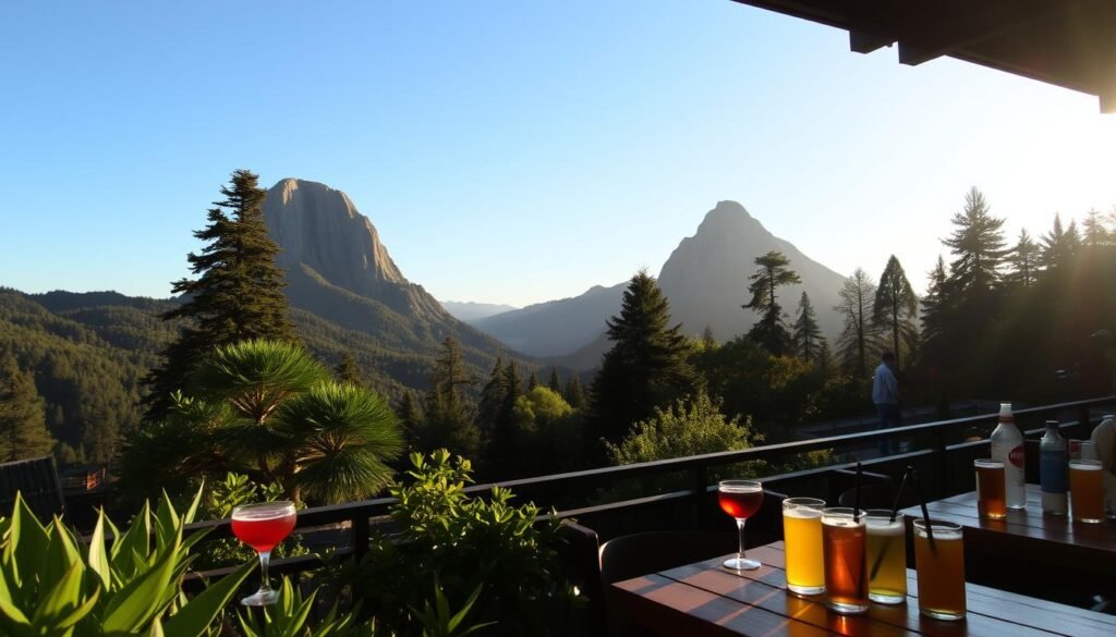 A picturesque view of local Twin Peaks, showcasing lush green hills and tall, densely wooded areas in the foreground. In the middle ground, a cozy bar setting with wooden tables adorned with drinks that vary by region, including colorful cocktails and craft beers. The background features the iconic peaks under a clear blue sky, illuminated by warm, golden sunlight during the late afternoon. Soft shadows create a relaxed atmosphere, inviting patrons to enjoy the scenic beauty and diverse offerings. The scene captures a sense of community and connection, emphasizing the unique local flavor in a tranquil yet lively ambiance. The angle should provide a sweeping view, blending the natural beauty with a welcoming social environment.