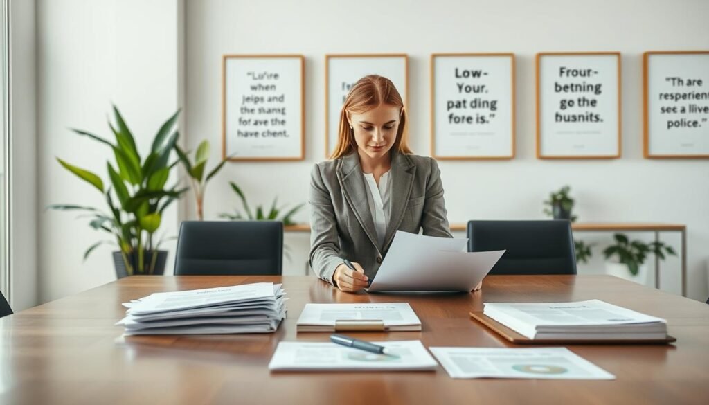 A professional workspace setting depicting a clear and organized display of "Policies and Requirements." In the foreground, a sleek wooden conference table with neatly arranged documents, policy manuals, and a notepad with a pen. In the middle, a smartly dressed businesswoman in a tailored blazer reviews the materials, her expression focused and engaging. Behind her, a modern office environment with large windows allowing natural light to fill the space, accentuating a sense of professionalism. The background features soft green plants and framed motivational quotes on the walls, creating an atmosphere of responsibility and team collaboration. The overall mood is serious yet encouraging, highlighting the importance of policies in responsible operations. High-quality lighting enhances the clarity and detail of the scene, shot from a slightly elevated angle to capture the entire setup.