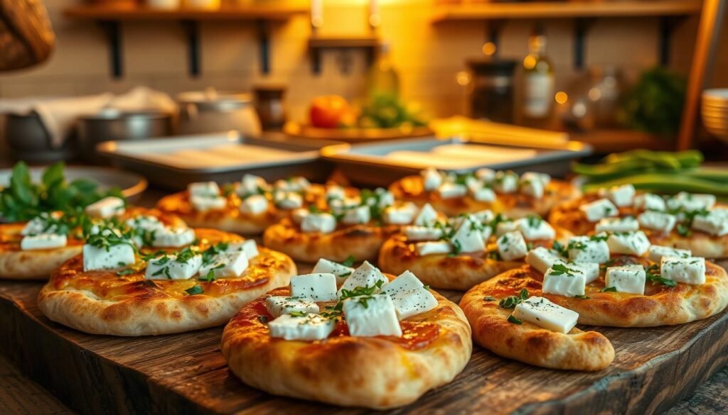 A selection of freshly baked flatbreads topped generously with a variety of cheeses, including mozzarella, feta, and goat cheese, is beautifully arranged on a rustic wooden board in the foreground. Each flatbread has a golden, slightly charred crust, showcasing bubbling melted cheese and vibrant herbs sprinkled on top. In the middle ground, a warm, inviting kitchen setting features baking trays and fresh ingredients, with soft golden-yellow lighting creating a cozy atmosphere. A wooden shelf lined with spices and olive oil can be seen in the background, enhancing the culinary ambiance. The scene is captured at a slightly angled view, highlighting the texture of the flatbreads and the inviting nature of the kitchen, evoking a sense of comfort and deliciousness.