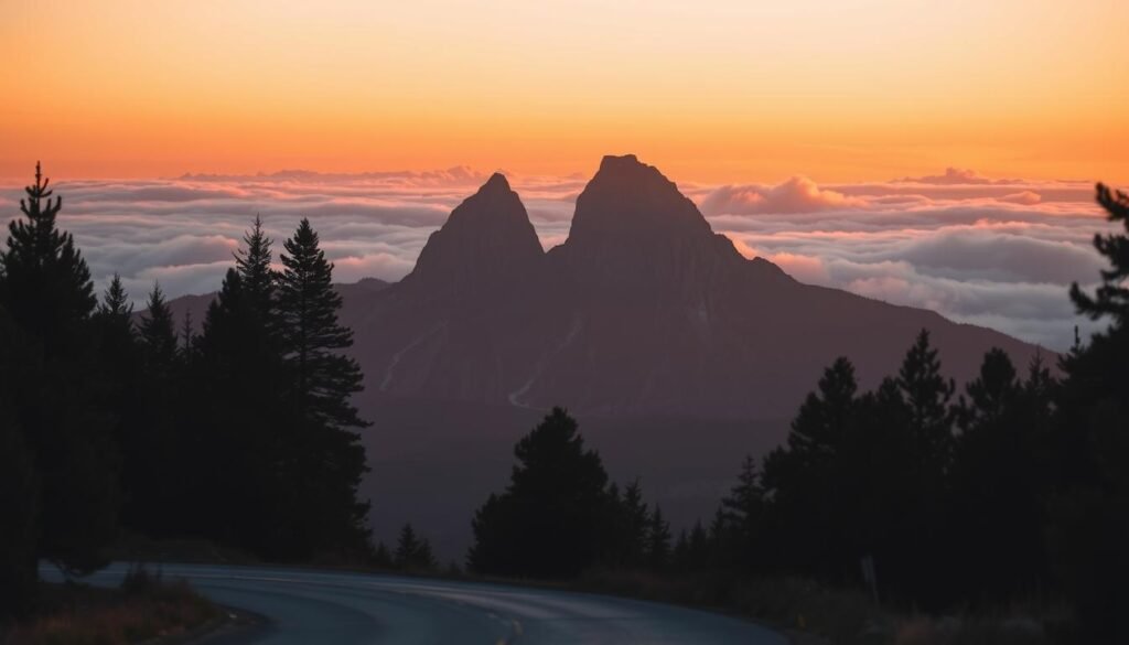 A serene view of Twin Peaks during the early evening, with a warm golden sunset casting long shadows. In the foreground, a winding road leads towards the peaks, bordered by tall pine trees. The middle ground features the iconic twin mountain formations, their rugged silhouettes softly illuminated by the fading daylight. The background showcases rich layers of soft clouds tinted with hues of orange, pink, and purple. The atmosphere is tranquil yet mysterious, capturing the allure of these majestic peaks. The scene is framed with a slight tilt, giving a dynamic perspective that emphasizes the towering heights. Image should have a soft-focus effect to evoke a sense of calm and wonder, without any people or text in the composition.