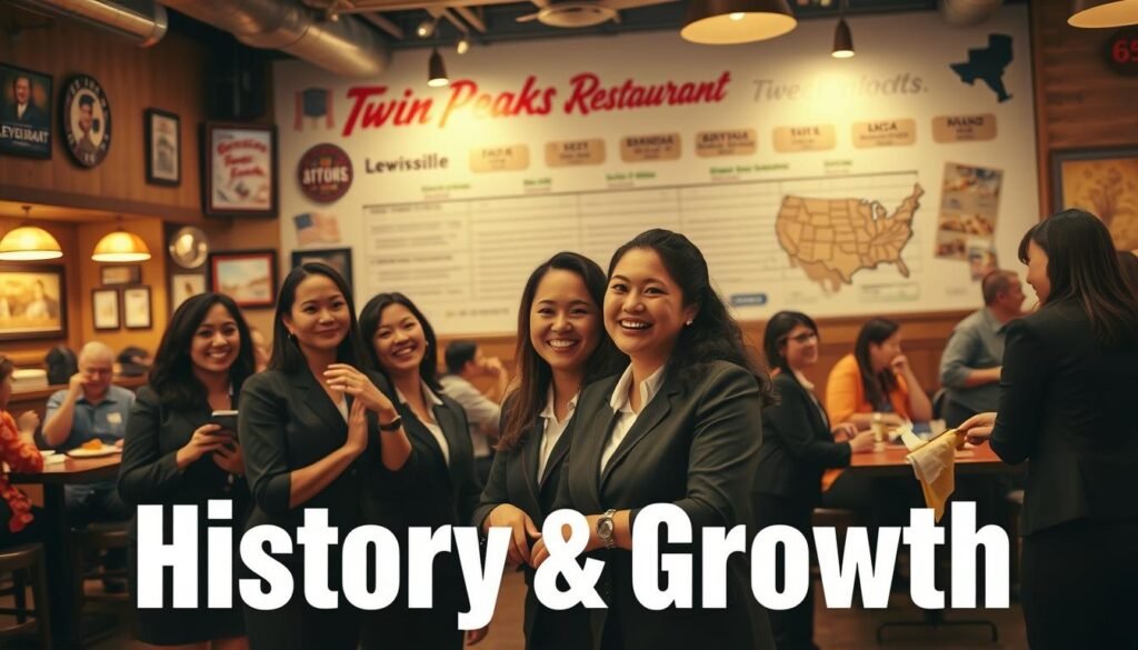 A striking visual representation of "history growth" featuring a vibrant restaurant scene. In the foreground, a diverse group of young women in professional business attire, embodying the welcoming spirit of Twin Peaks Restaurant, enthusiastically engage with customers. The middle ground showcases a warm, inviting restaurant interior filled with rustic wooden decor, memorabilia celebrating its origins in Lewisville, and customers enjoying their meals. In the background, a timeline mural illustrating the expansion from local roots to a national footprint adds depth and context. The lighting is soft and warm, creating an inviting atmosphere, captured with a slight tilt-angle lens to emphasize the dynamic interactions and the sense of community. The overall mood is uplifting and celebratory, reflecting growth and success in a family-friendly environment.