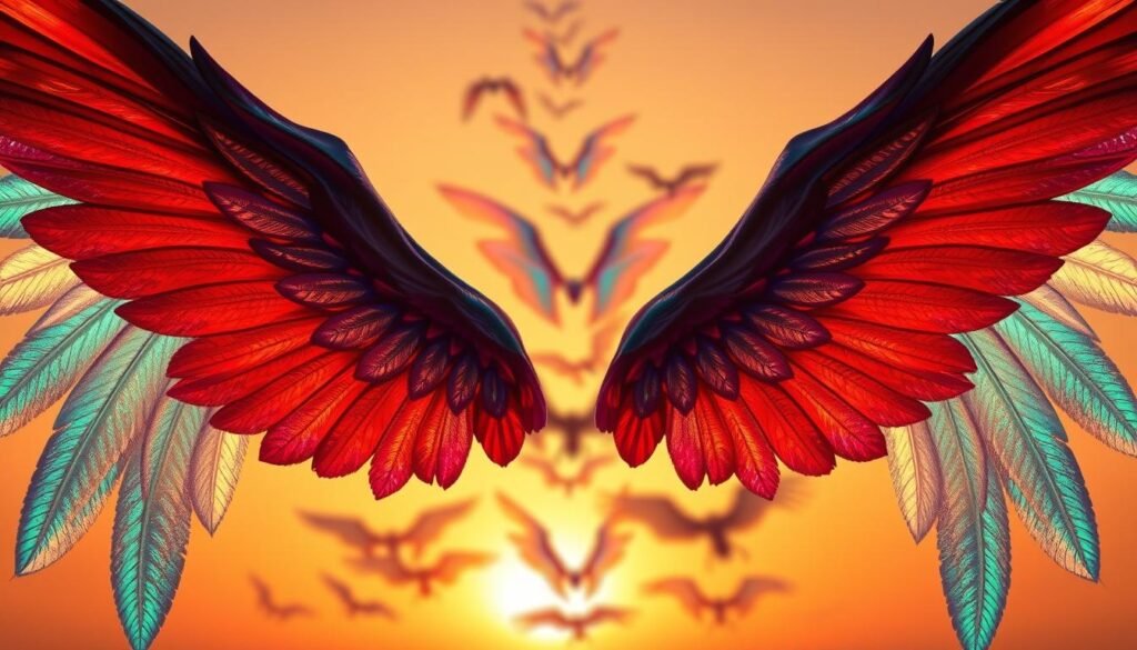 A stunning display of intricate wings gracefully unfolding in vibrant colors. The foreground features a pair of stylized wings, detailed with delicate feather patterns and shimmering textures, positioned prominently. In the middle ground, a soft blur of additional wings in varying sizes and colors creates a sense of depth and movement, suggesting a variety of winged creatures. The background is a gentle gradient of warm sunset hues, casting a glow that enhances the iridescent qualities of the wings. The lighting is bright and inviting, emphasizing the features of the feathers, creating an ethereal and uplifting mood. The perspective is slightly angled from below, adding a sense of grandeur and aspiration to the composition, while ensuring the scene remains SFW and visually appealing.